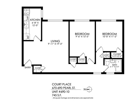 Floor plan for 2 beds, 1 bath, 800 sqft